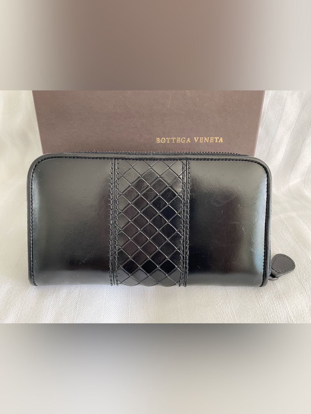 Bottega Venetta Black Intrecciato Leather Long Zippy Wallet